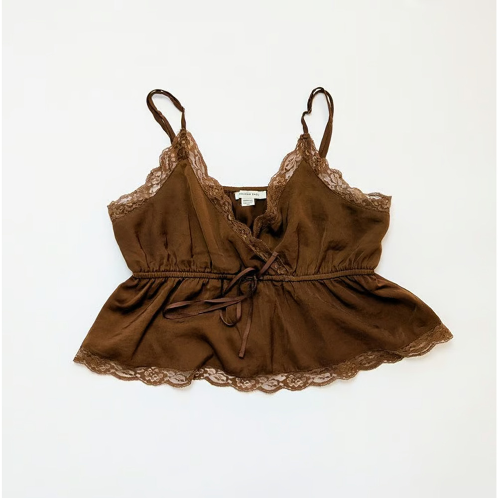 American Eagle Brown Lace Trip Babydoll V Neck Tank Top Women's M